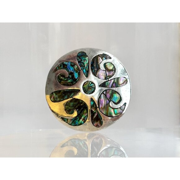 Taxco Sterling Silver Abalone Mexican Round Abstract Vintage Brooch Pendant - Picture 2 of 10